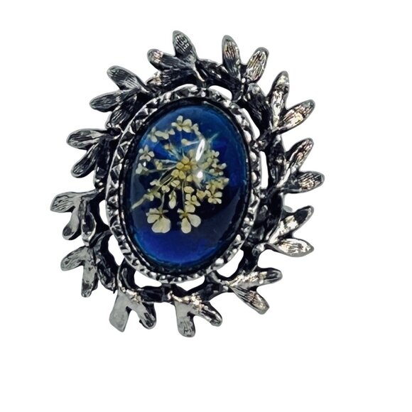 Silver Tone And Blue Lucite Floral Adjustable Ring (R464) - Picture 5 of 8